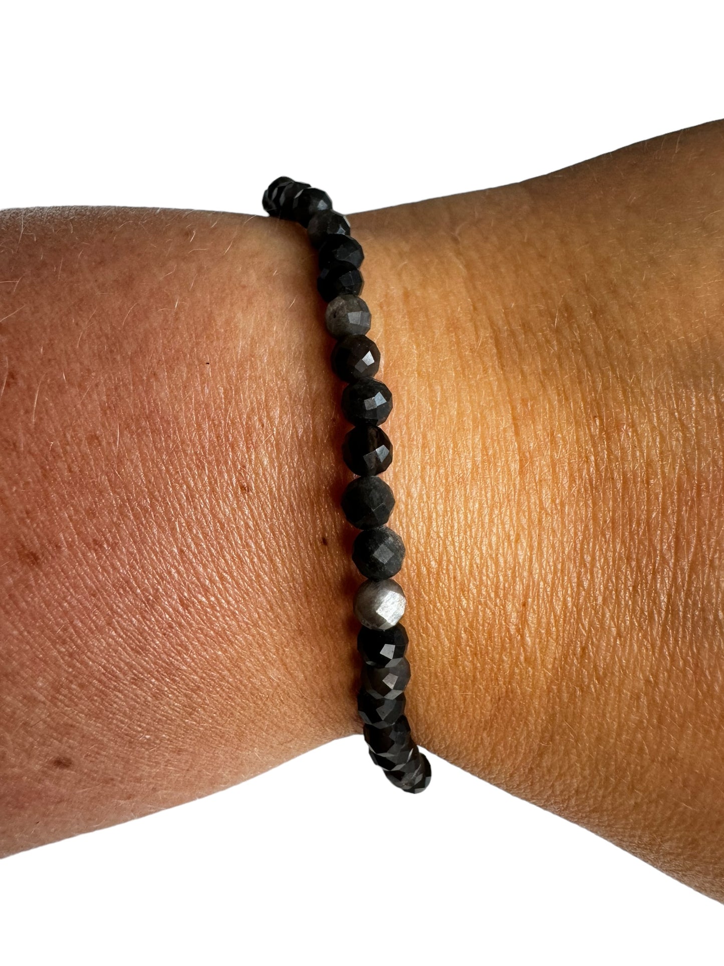 4mm facettiertes silber Obsidian Armband